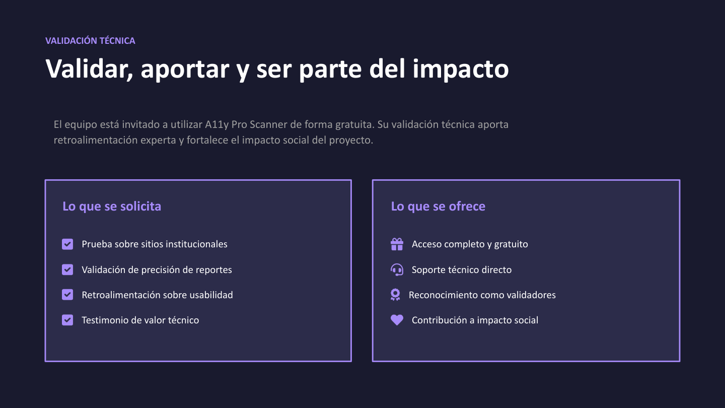 Diapositiva de Validación Técnica: Peticiones y ofertas de colaboración gratuita para el desarrollo social y la sinergia